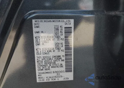 2014 Nissan Pathfinder Sl from USA, damaged, VIN 5N1AR2MNXEC690305